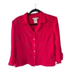 Plaza South Blazer Jacket Women Sz P14 Red Embroidered Flare Sleeves Button Up